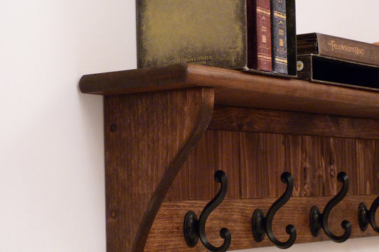 Entryway Coat Rack Wood Wall Shelf 35 Inches-Full color pattern/antique black hooks | Coat Rack with Shelf | Rustic Coat Rack