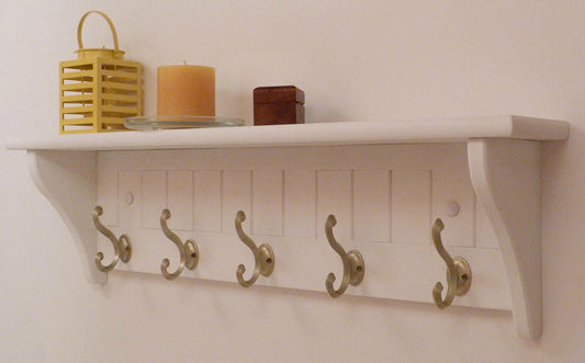 Modern Entryway Coat Rack | Bedroom Wall Shelf | Bathroom shelf | Towel Shelf-5 Matte Nickel Hooks | Coat Rack with Shelf