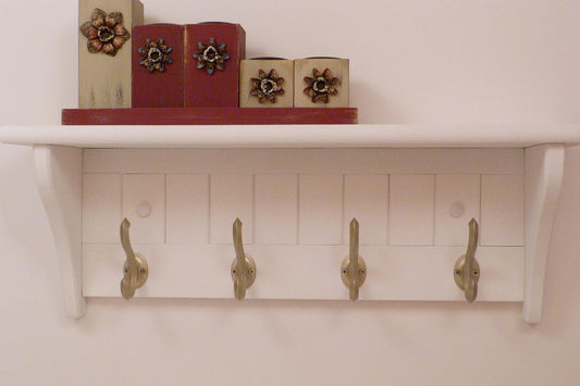 Modern Entryway Coat Rack | Bedroom Wall Shelf | Bathroom shelf | Towel Shelf-4 Matte Nickel Hooks | Coat Rack with Shelf