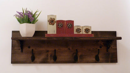 Rustic Entryway, Hallway or Mudroom Coat Rack with Wrought Iron Black Hooks | Wall Coat Rack | Coat Rack with Shelf | Rustic Coat Rack