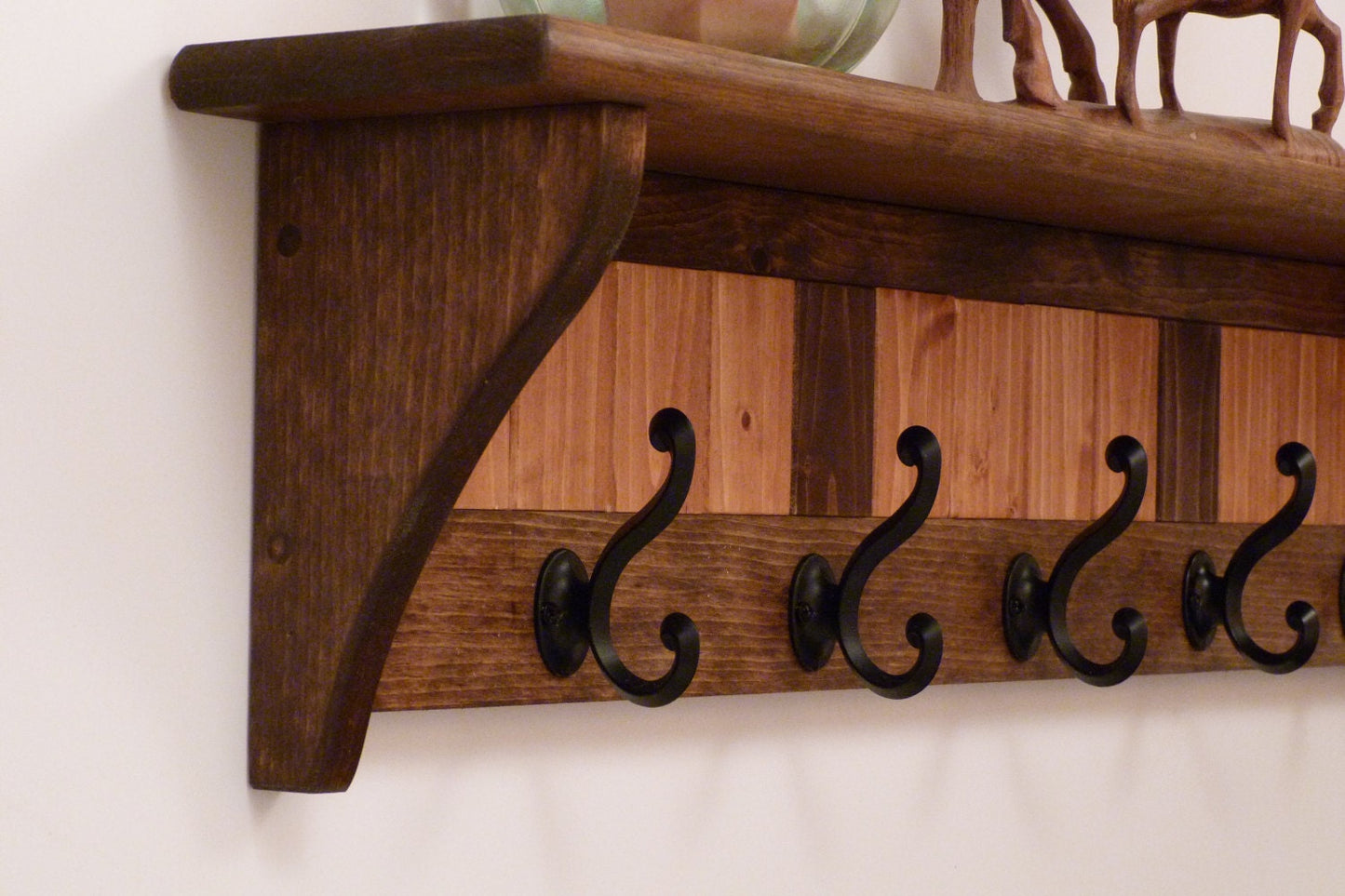 Entryway Coat Rack Wood Wall Shelf 35 Inches-Antique black hooks | Coat Rack with Shelf | Rustic Coat Rack