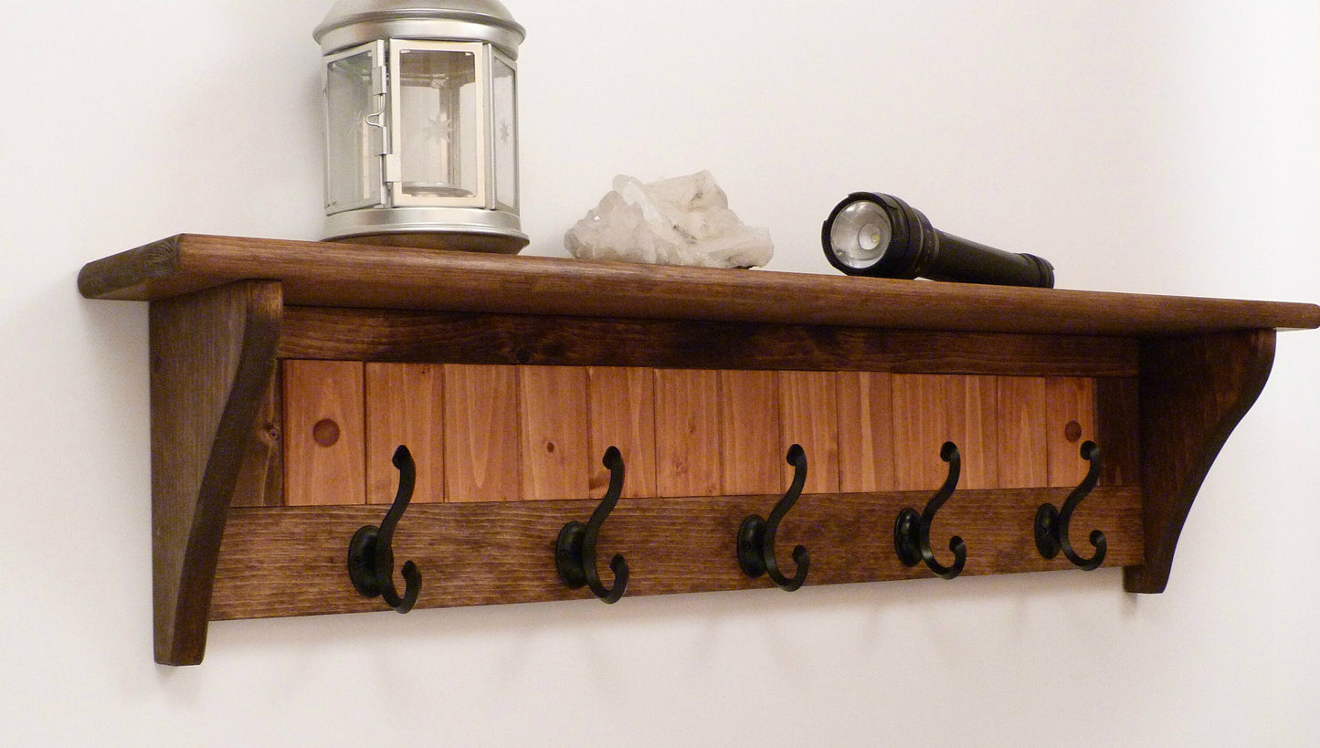 Entryway Coat Rack Wood Wall Shelf 35 Inches-Antique black hooks | Coat Rack with Shelf | Rustic Coat Rack