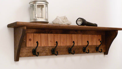 Entryway Coat Rack Wood Wall Shelf 35 Inches-Antique black hooks | Coat Rack with Shelf | Rustic Coat Rack