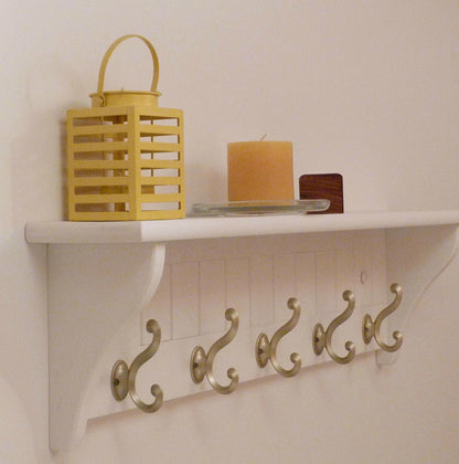 Modern Entryway Coat Rack | Bedroom Wall Shelf | Bathroom shelf | Towel Shelf-5 Matte Nickel Hooks | Coat Rack with Shelf