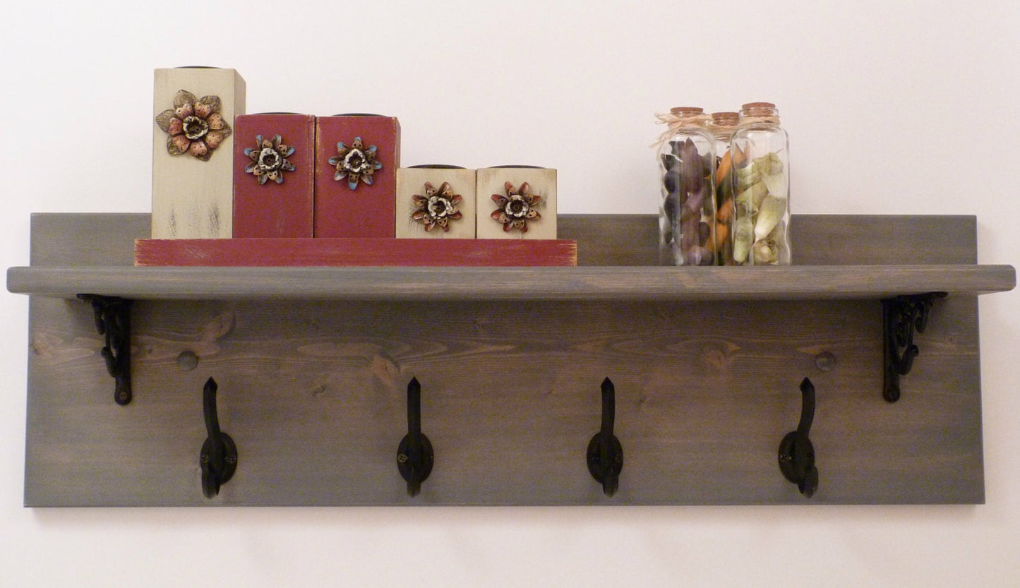 Rustic Entryway | Hallway or Mudroom Coat Rack with Wrought Iron Black Hooks | Wall Coat Rack | Coat Rack with Shelf | Rustic Coat Rack