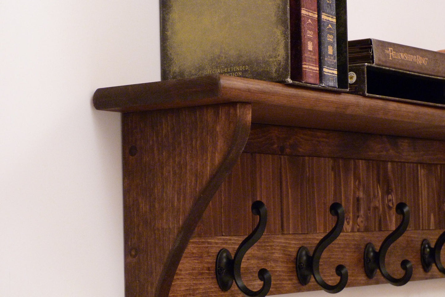 Entryway Coat Rack Wood Wall Shelf 35 Inches-Full color pattern/antique black hooks | Coat Rack with Shelf | Rustic Coat Rack