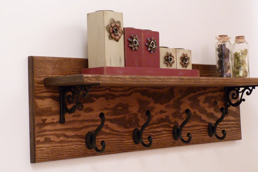 Rustic Entryway, Hallway or Mudroom Coat Rack with Wrought Iron Black Hooks | Wall Coat Rack | Coat Rack with Shelf | Rustic Coat Rack