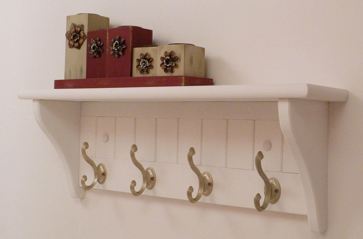 Modern Entryway Coat Rack | Bedroom Wall Shelf | Bathroom shelf | Towel Shelf-4 Matte Nickel Hooks | Coat Rack with Shelf
