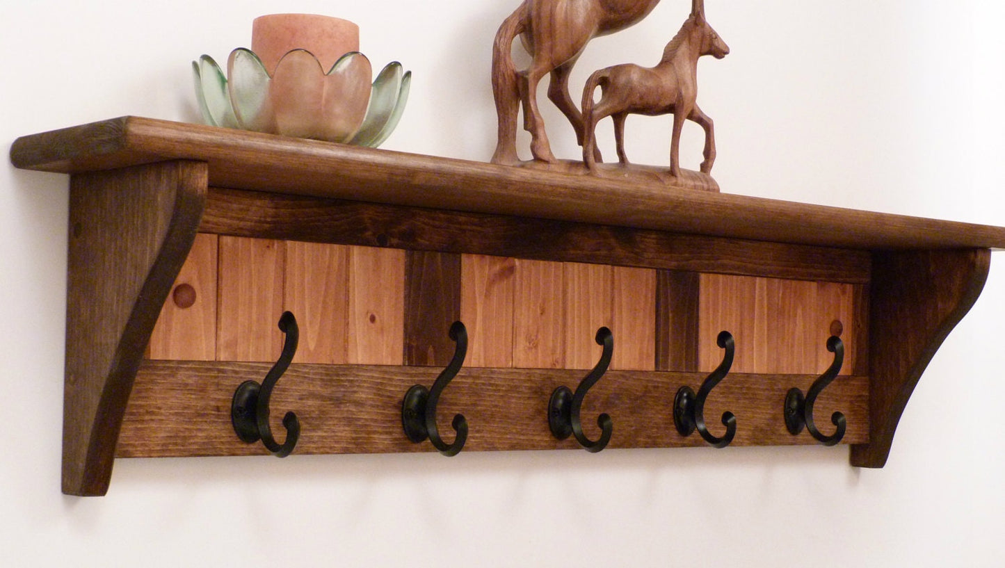 Entryway Coat Rack Wood Wall Shelf 35 Inches-Antique black hooks | Coat Rack with Shelf | Rustic Coat Rack