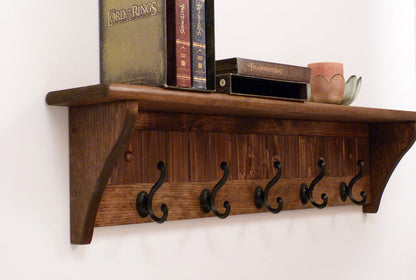 Entryway Coat Rack Wood Wall Shelf 35 Inches-Full color pattern/antique black hooks | Coat Rack with Shelf | Rustic Coat Rack