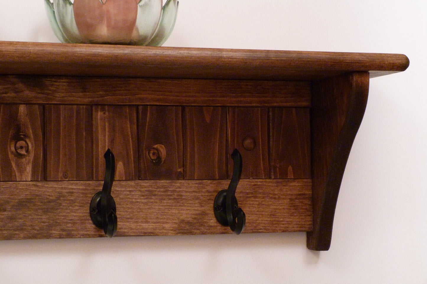 Entryway Coat Rack Wood Wall Shelf 35 Inches-Full color pattern/antique black hooks | Coat Rack with Shelf | Rustic Coat Rack
