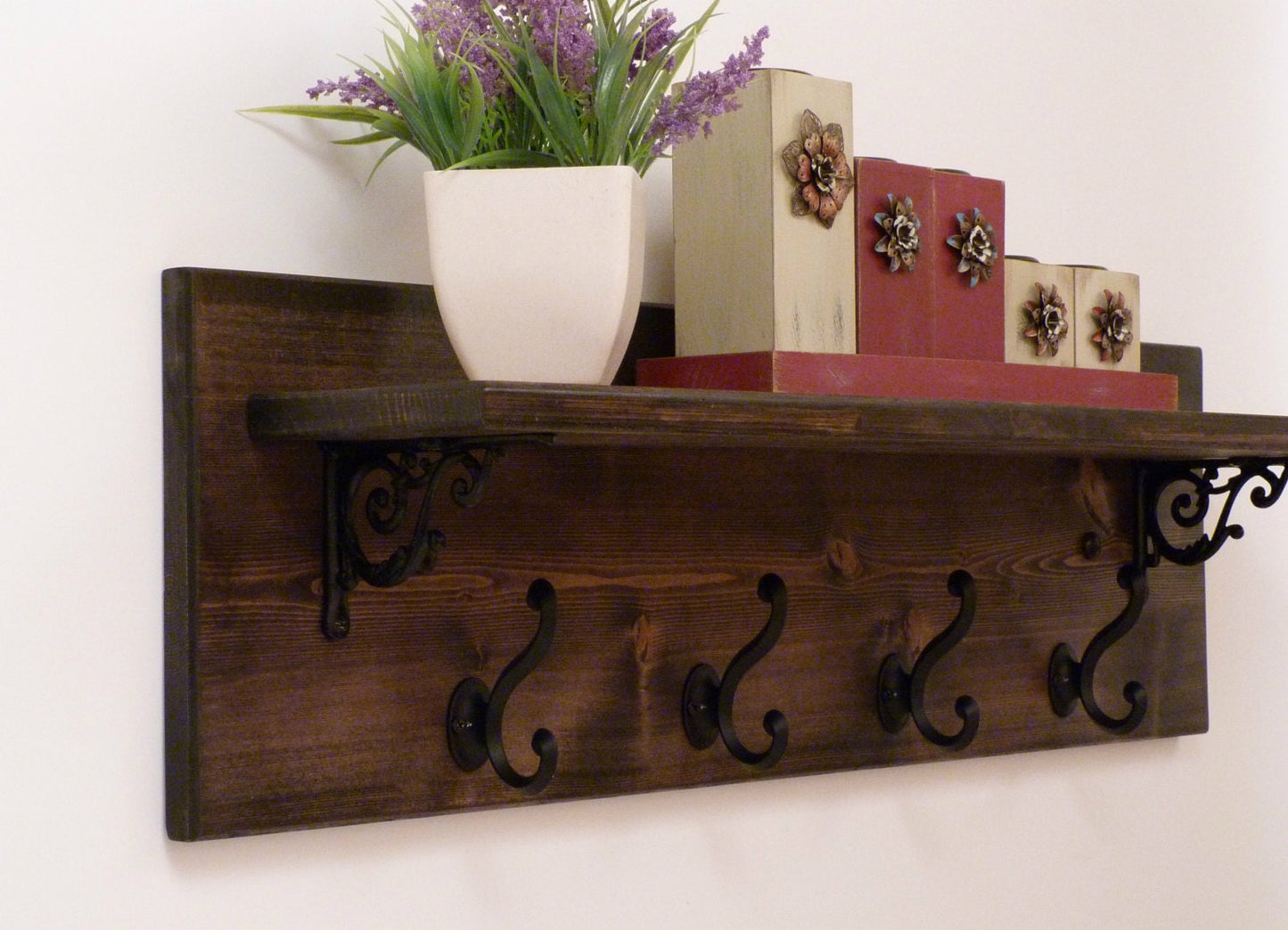 Rustic Entryway, Hallway or Mudroom Coat Rack with Wrought Iron Black Hooks | Wall Coat Rack | Coat Rack with Shelf | Rustic Coat Rack