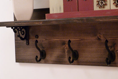 Rustic Entryway, Hallway or Mudroom Coat Rack with Wrought Iron Black Hooks | Wall Coat Rack | Coat Rack with Shelf | Rustic Coat Rack