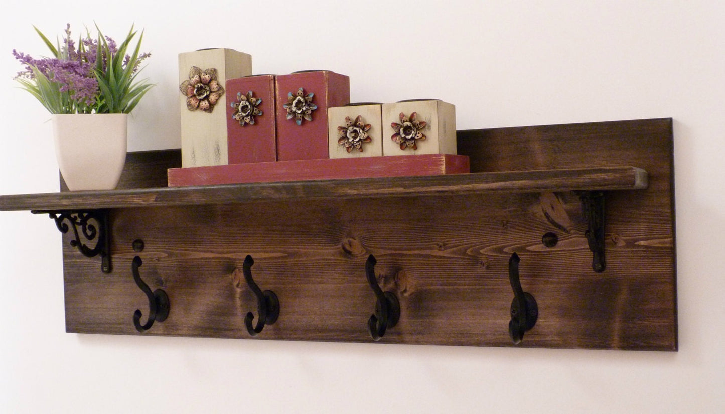 Rustic Entryway, Hallway or Mudroom Coat Rack with Wrought Iron Black Hooks | Wall Coat Rack | Coat Rack with Shelf | Rustic Coat Rack