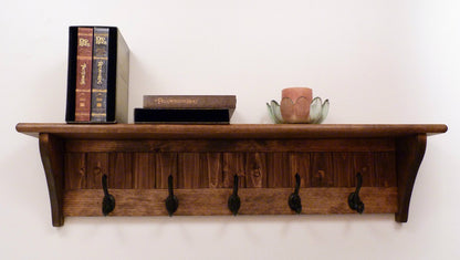 Entryway Coat Rack Wood Wall Shelf 35 Inches-Full color pattern/antique black hooks | Coat Rack with Shelf | Rustic Coat Rack