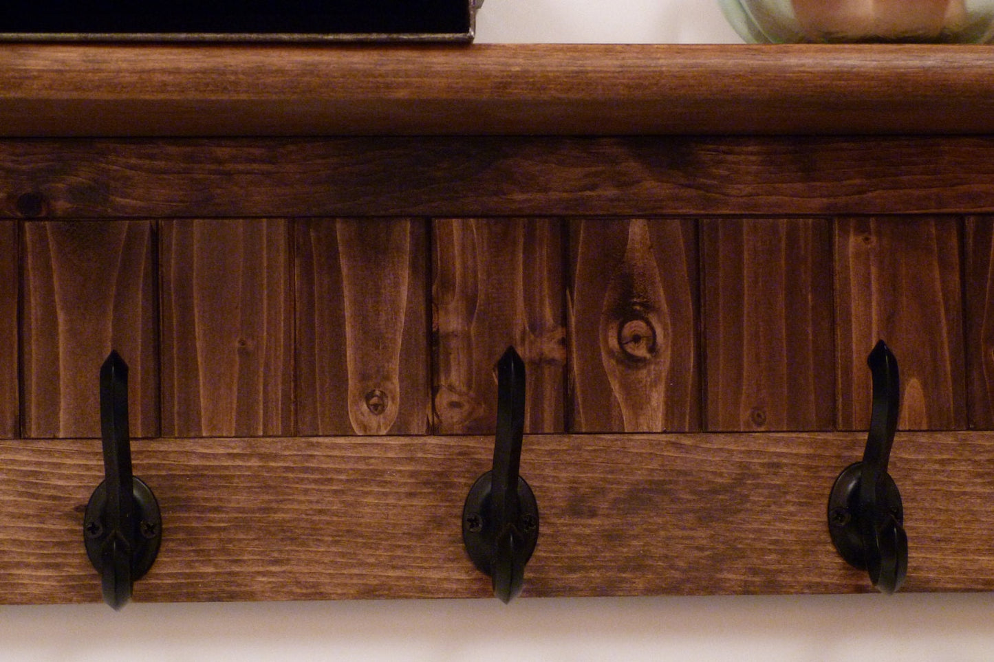 Entryway Coat Rack Wood Wall Shelf 35 Inches-Full color pattern/antique black hooks | Coat Rack with Shelf | Rustic Coat Rack