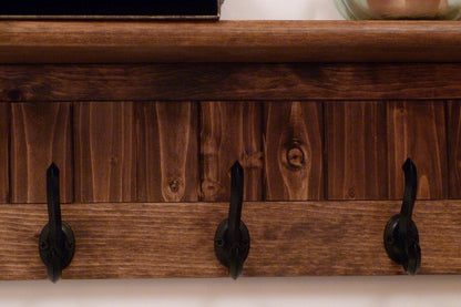 Entryway Coat Rack Wood Wall Shelf 35 Inches-Full color pattern/antique black hooks | Coat Rack with Shelf | Rustic Coat Rack