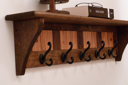 Entryway Coat Rack Wood Wall Shelf 35 Inches-Antique black hooks | Coat Rack with Shelf | Rustic Coat Rack