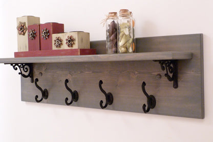 Rustic Entryway | Hallway or Mudroom Coat Rack with Wrought Iron Black Hooks | Wall Coat Rack | Coat Rack with Shelf | Rustic Coat Rack