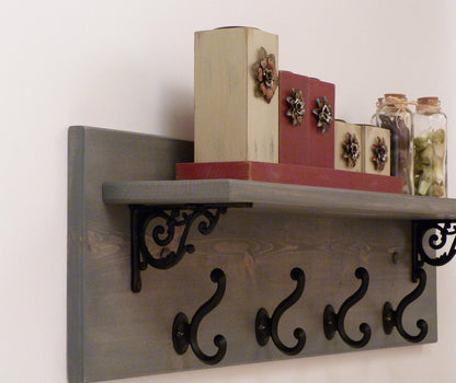 Rustic Entryway | Hallway or Mudroom Coat Rack with Wrought Iron Black Hooks | Wall Coat Rack | Coat Rack with Shelf | Rustic Coat Rack