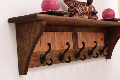 Entryway Coat Rack Wood Wall Shelf 35 Inches-Antique black hooks | Coat Rack with Shelf | Rustic Coat Rack