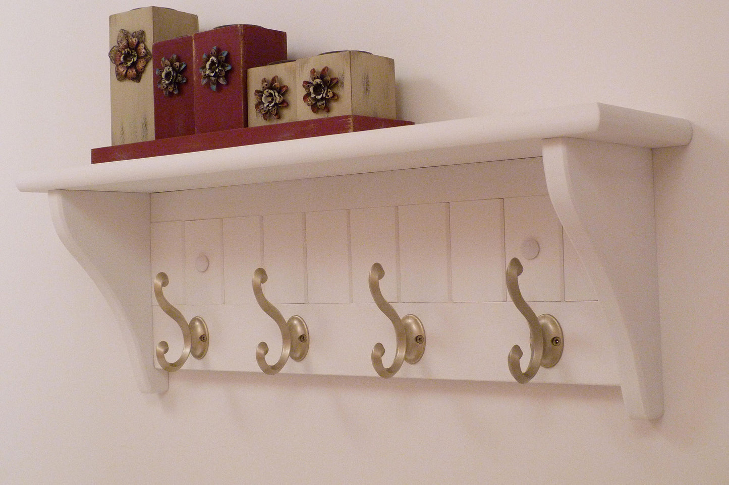 Modern Entryway Coat Rack | Bedroom Wall Shelf | Bathroom shelf | Towel Shelf-4 Matte Nickel Hooks | Coat Rack with Shelf