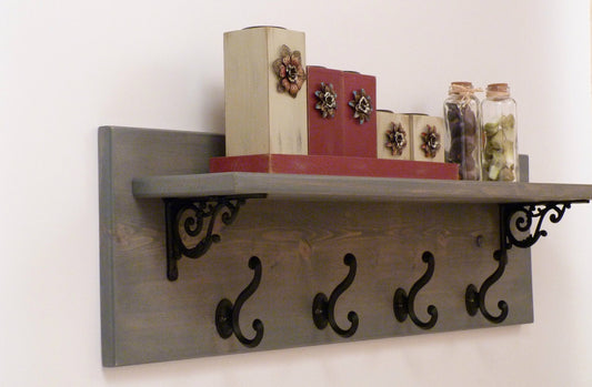 Rustic Entryway | Hallway or Mudroom Coat Rack with Wrought Iron Black Hooks | Wall Coat Rack | Coat Rack with Shelf | Rustic Coat Rack