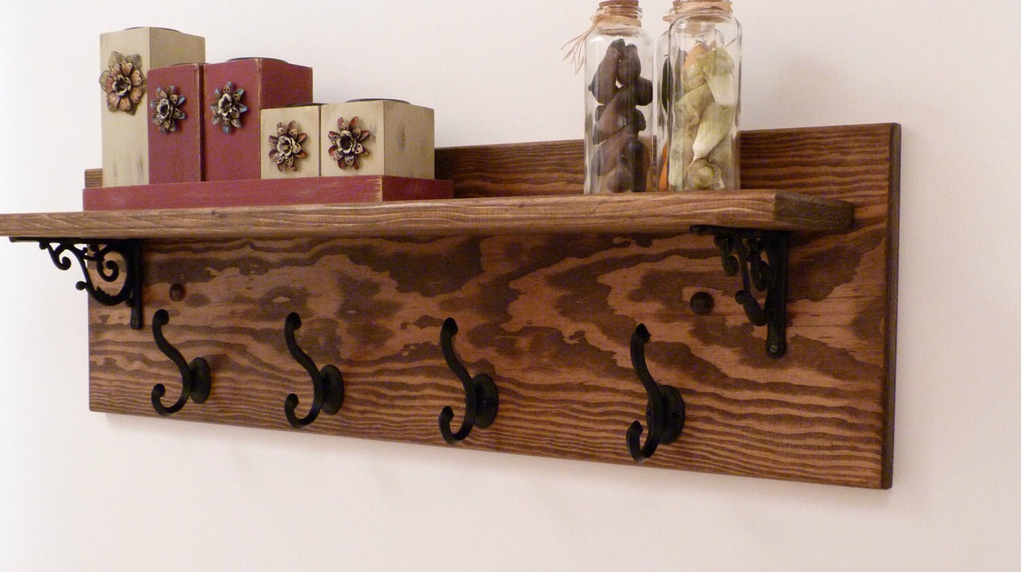 Rustic Entryway, Hallway or Mudroom Coat Rack with Wrought Iron Black Hooks | Wall Coat Rack | Coat Rack with Shelf | Rustic Coat Rack